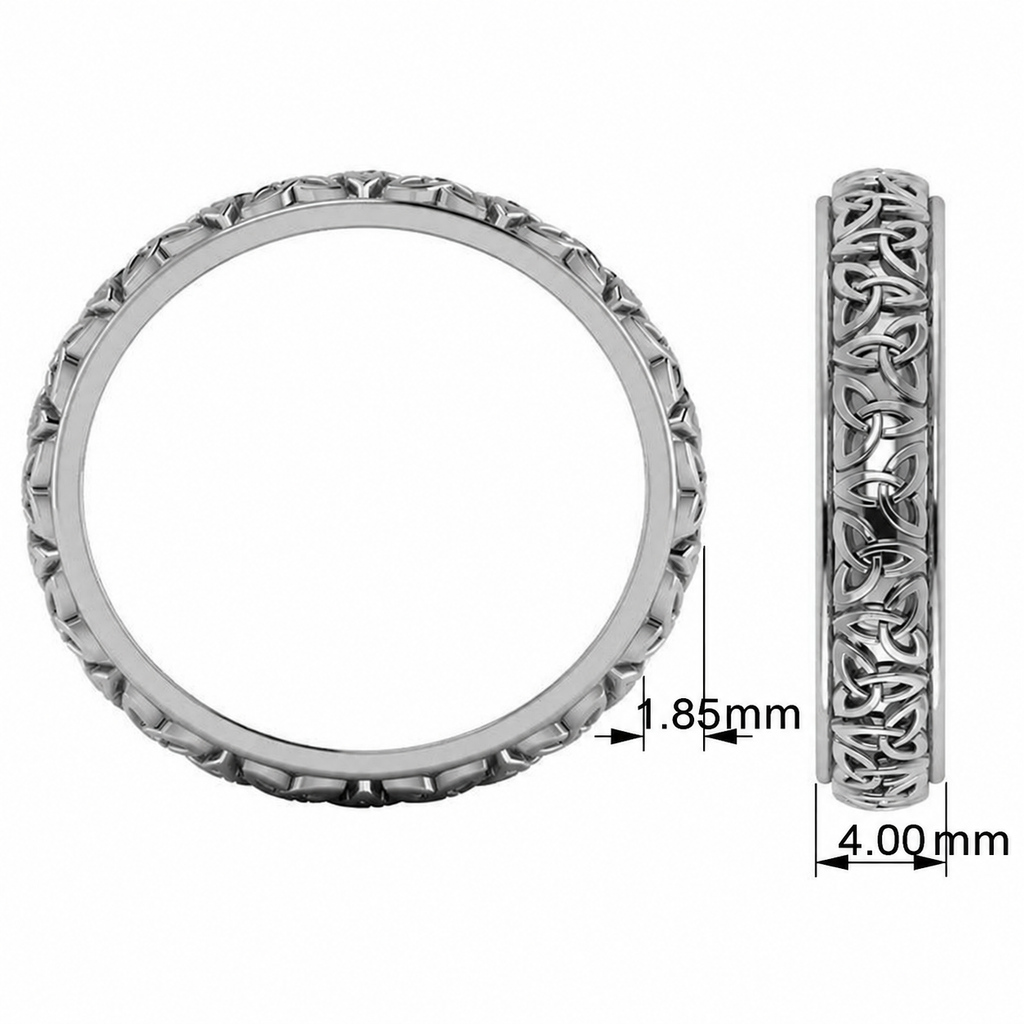 Celtic Knot Infinity Wedding Band Ring Platinum — 4.00mm width and 1.85mm thickness, black dimension labels