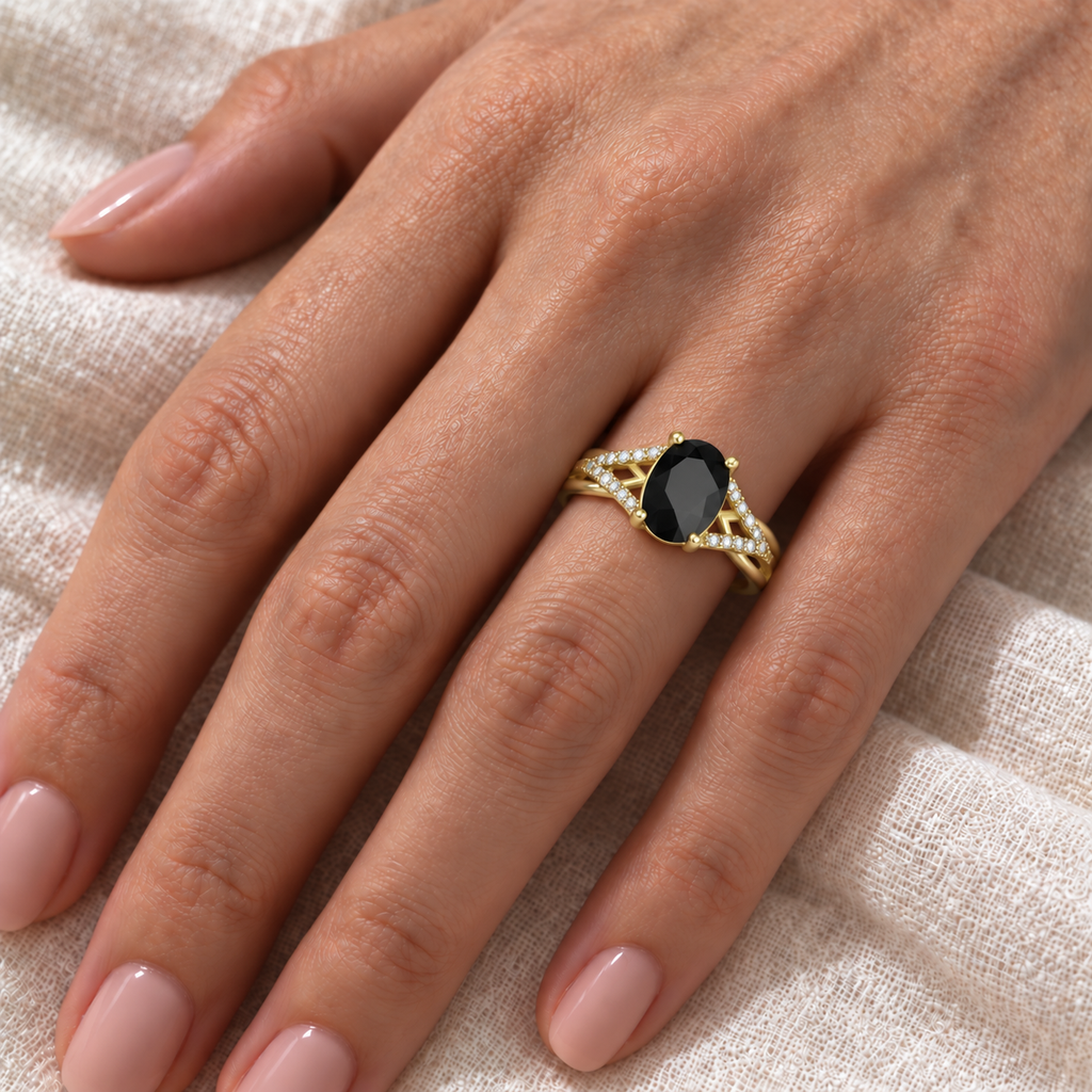 Oval Black Onyx and Diamond Cocktail Ring 14K Yellow Gold (1.62tcw) — ivory linen close-up