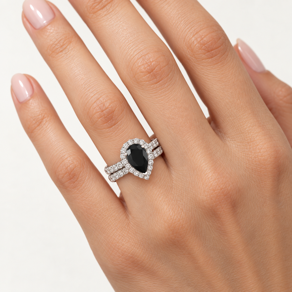 Black Diamond & Diamonds Pear-Cut Halo Bridal Set 14K White Gold (2.78ct) — worn on ring finger in studio