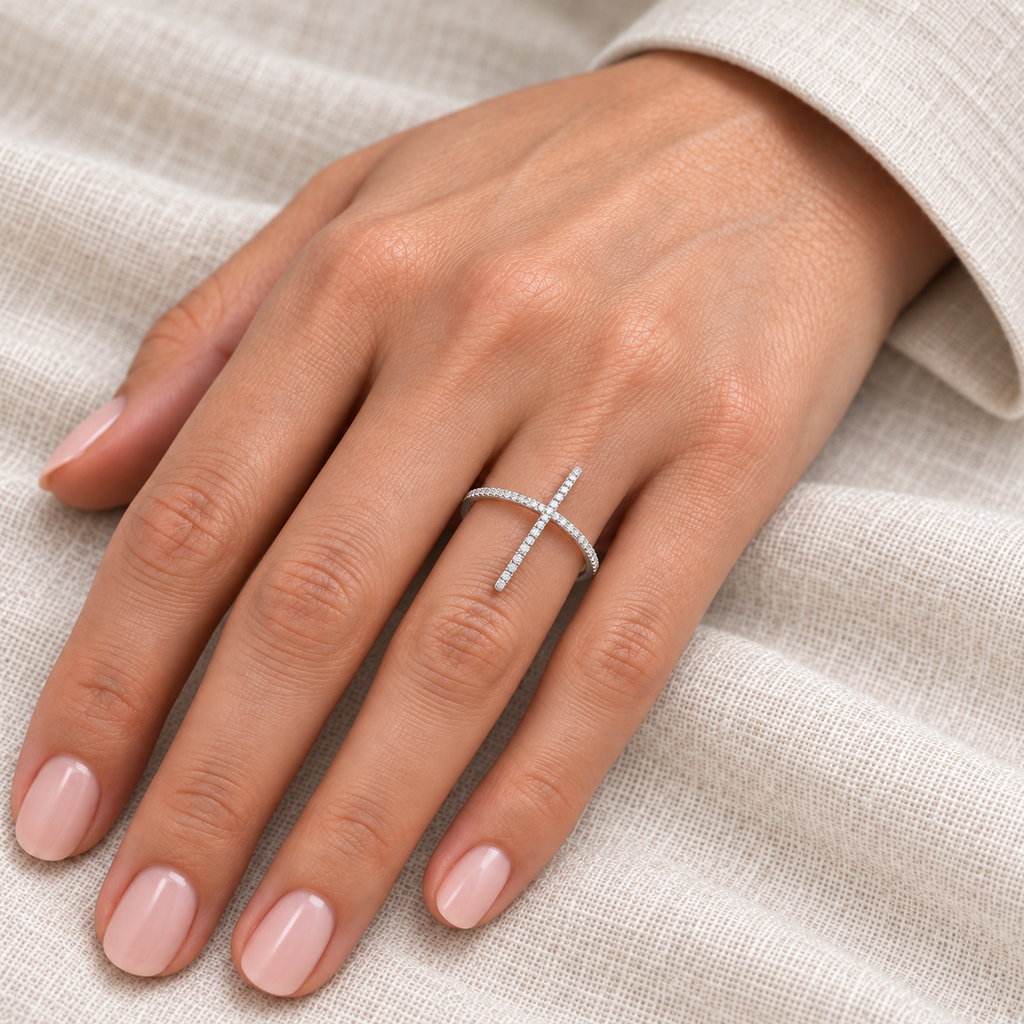 AZ15745 diamond X ring in 14k white gold — hand