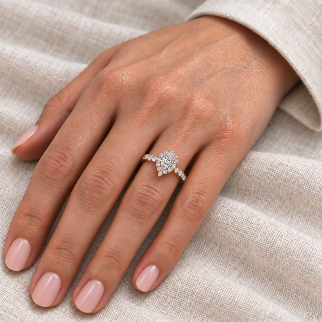 Pear Lab Diamond Halo Engagement Ring 14k Rose Gold (0.63ct) — hand view