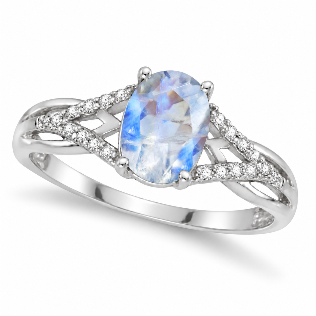 Oval Moonstone and Diamond Cocktail Ring 14K White Gold (1.62tcw) — main product view