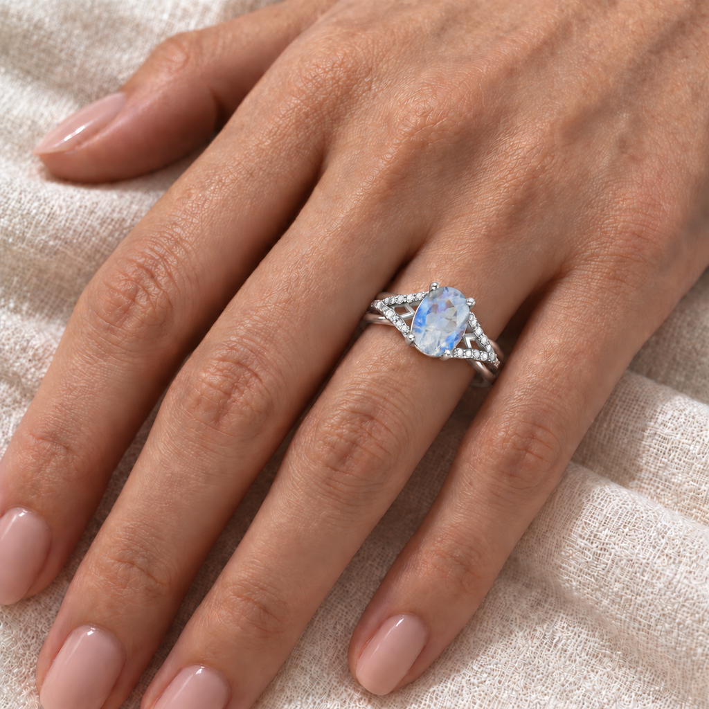 Oval Moonstone and Diamond Cocktail Ring 14K White Gold (1.62tcw) — ivory linen close-up