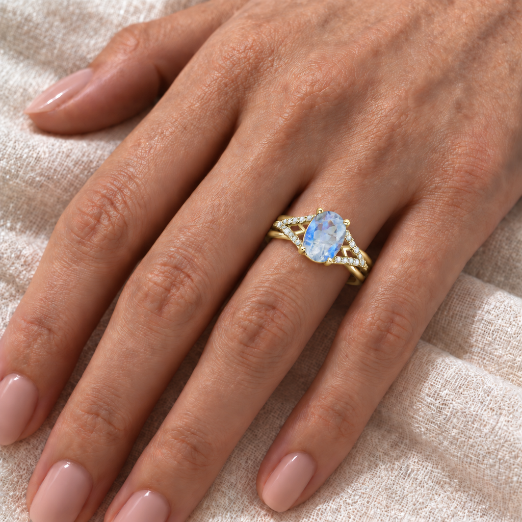 Oval Moonstone and Diamond Cocktail Ring 14K Yellow Gold (1.62tcw) — ivory linen close-up