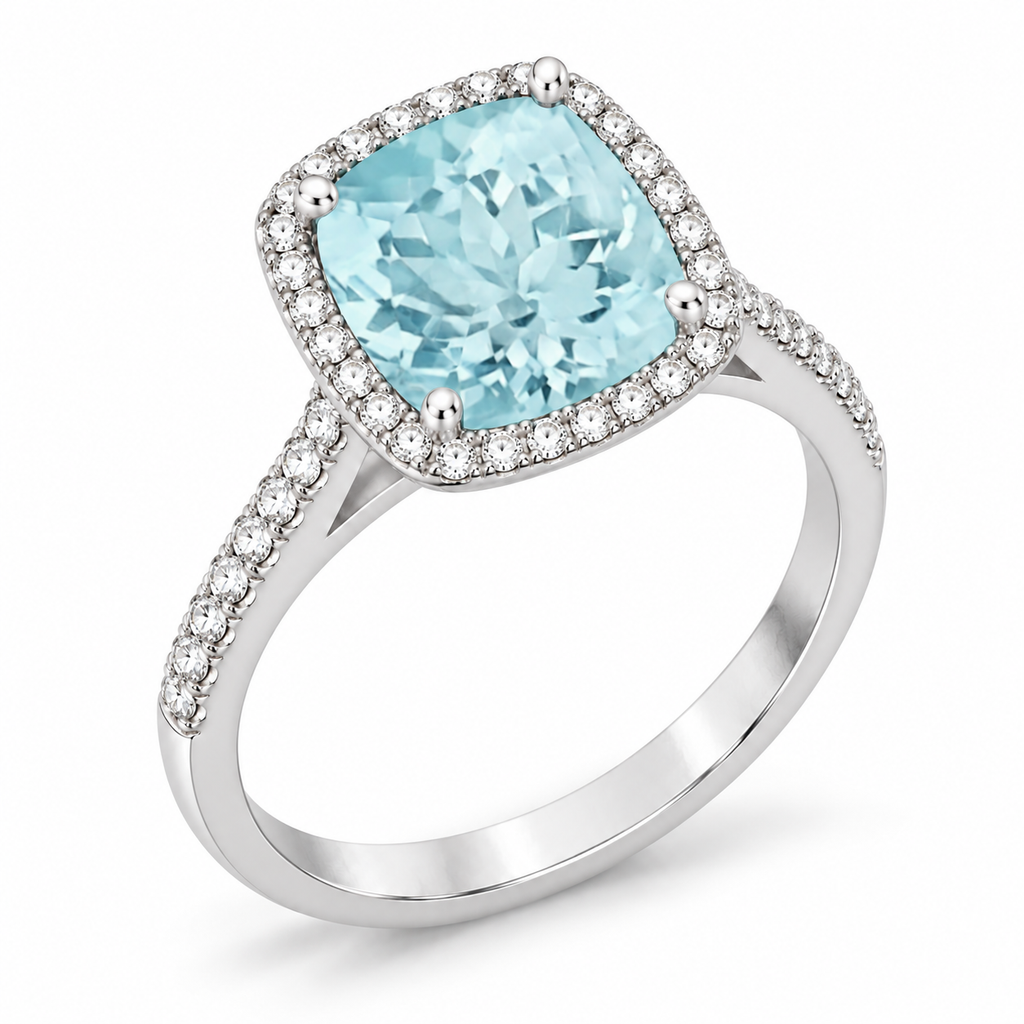 Cushion-Cut Aquamarine & Diamond Cocktail Ring 14k White Gold (3.70ctw) — three-quarter side angle