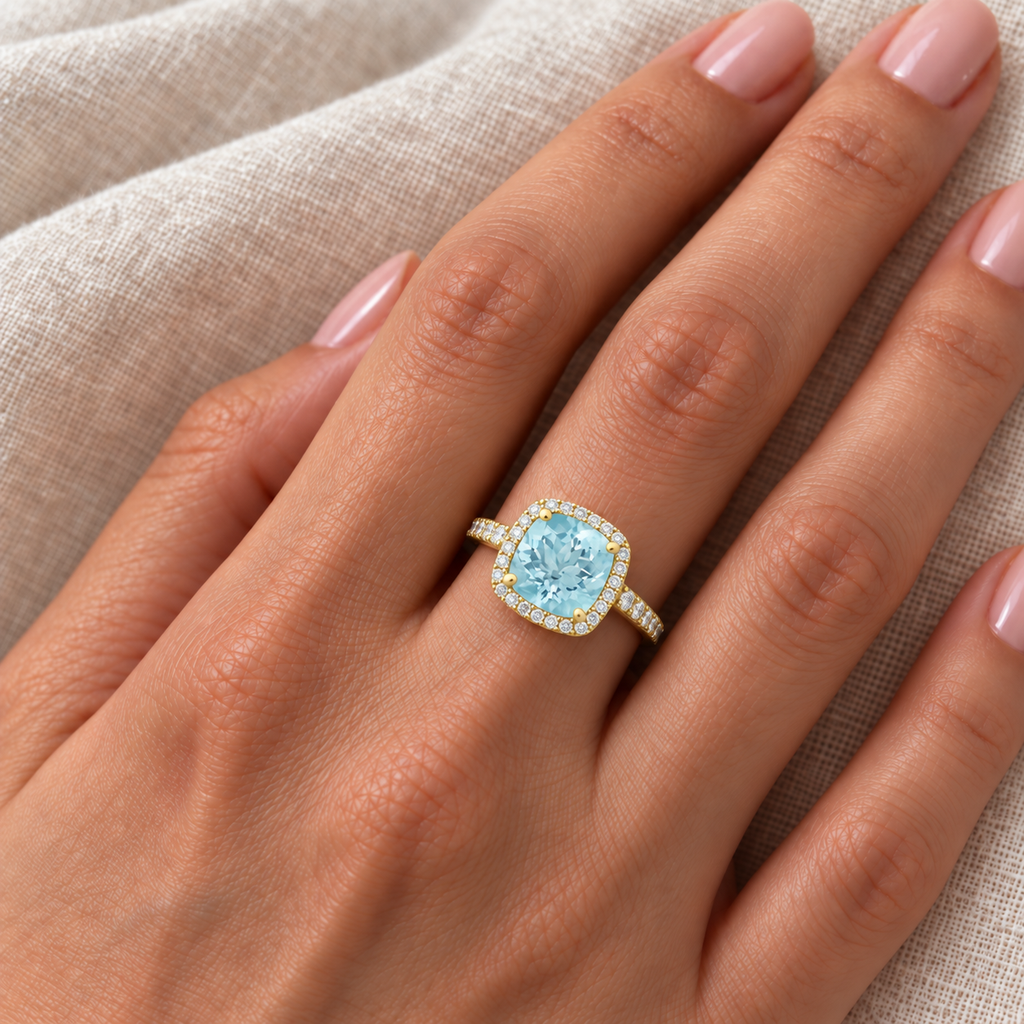 Cushion-Cut Aquamarine & Diamond Cocktail Ring 14k Yellow Gold (3.70ctw) — close-up on ivory linen