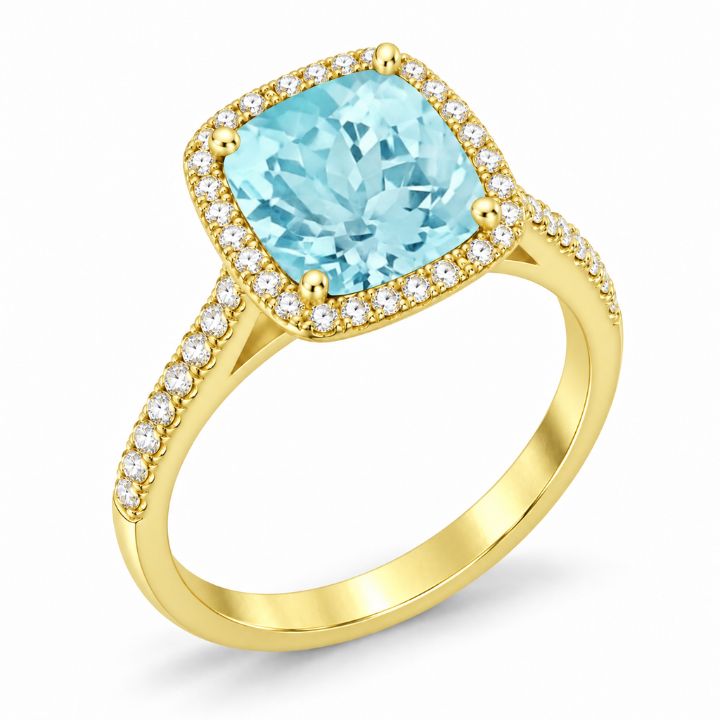 Cushion-Cut Aquamarine & Diamond Cocktail Ring 14k Yellow Gold (3.70ctw) — three-quarter side angle