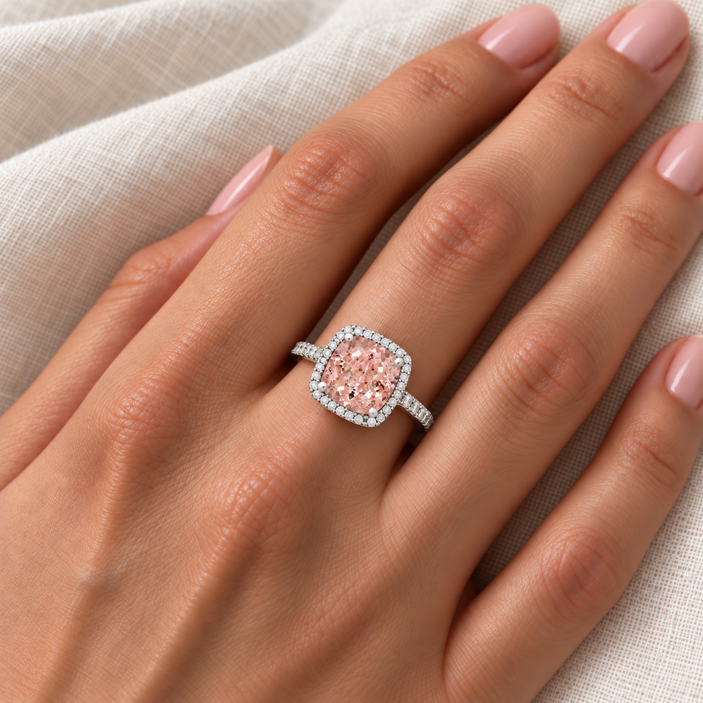 Cushion-Cut Morganite & Diamond Cocktail Ring 14k White Gold (3.70ctw) — close-up on ivory linen