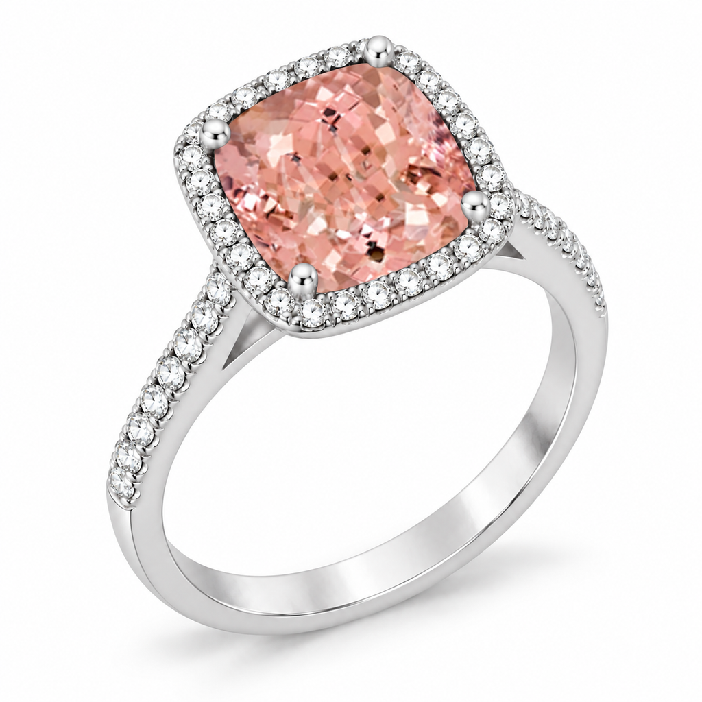Cushion-Cut Morganite & Diamond Cocktail Ring 14k White Gold (3.70ctw) — three-quarter side angle
