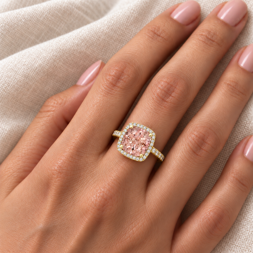 Cushion-Cut Morganite & Diamond Cocktail Ring 14k Yellow Gold (3.70ctw) — close-up on ivory linen