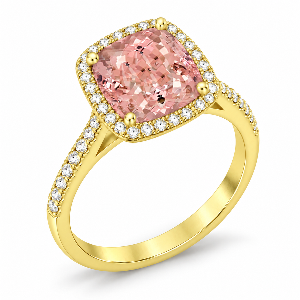 Cushion-Cut Morganite & Diamond Cocktail Ring 14k Yellow Gold (3.70ctw) — three-quarter side angle