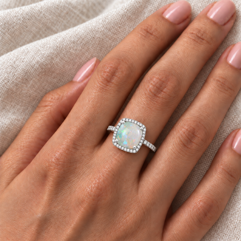 Cushion-Cut Opal & Diamond Cocktail Ring 14k White Gold (3.70ctw) — close-up on ivory linen
