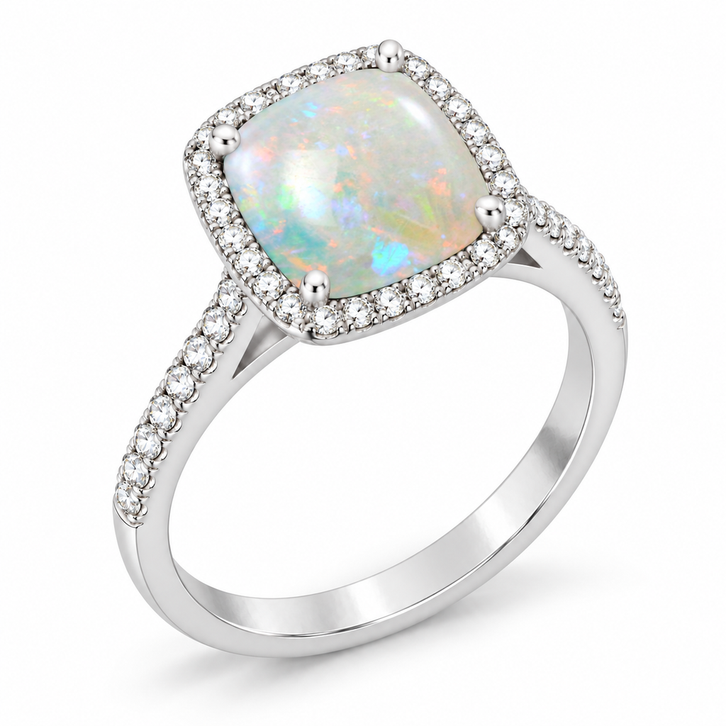 Cushion-Cut Opal & Diamond Cocktail Ring 14k White Gold (3.70ctw) — three-quarter side angle