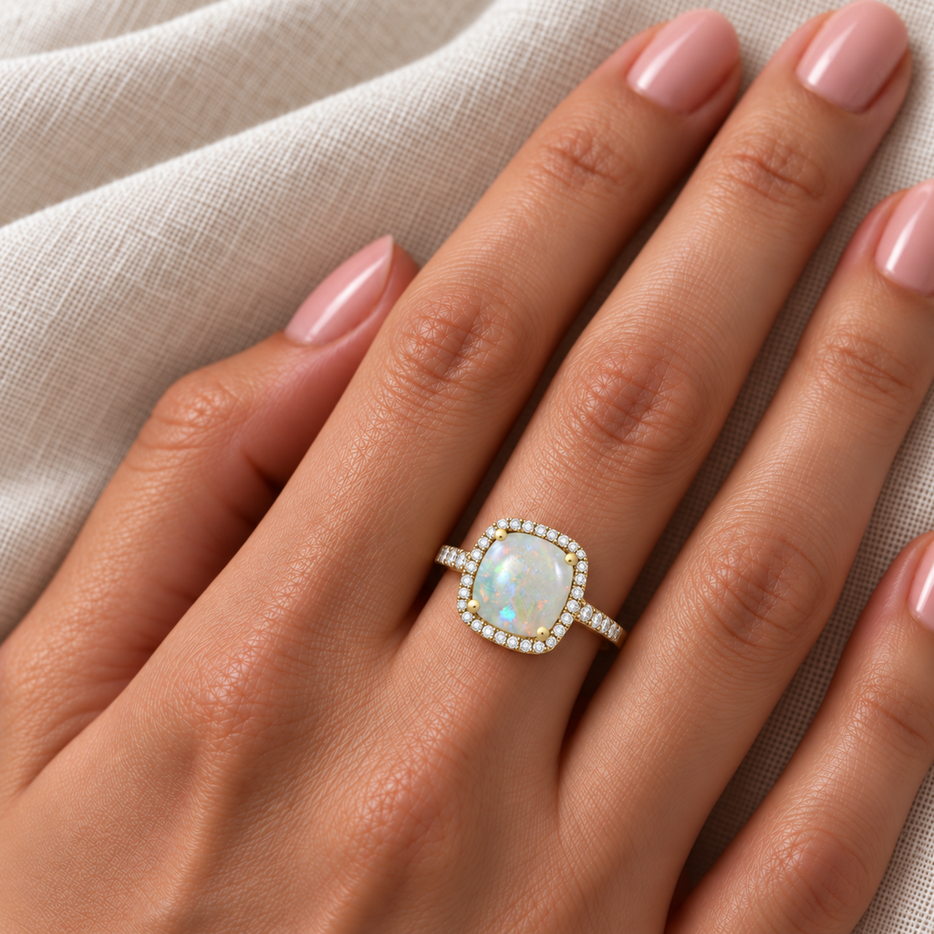 Cushion-Cut Opal & Diamond Cocktail Ring 14k Yellow Gold (3.70ctw) — close-up on ivory linen