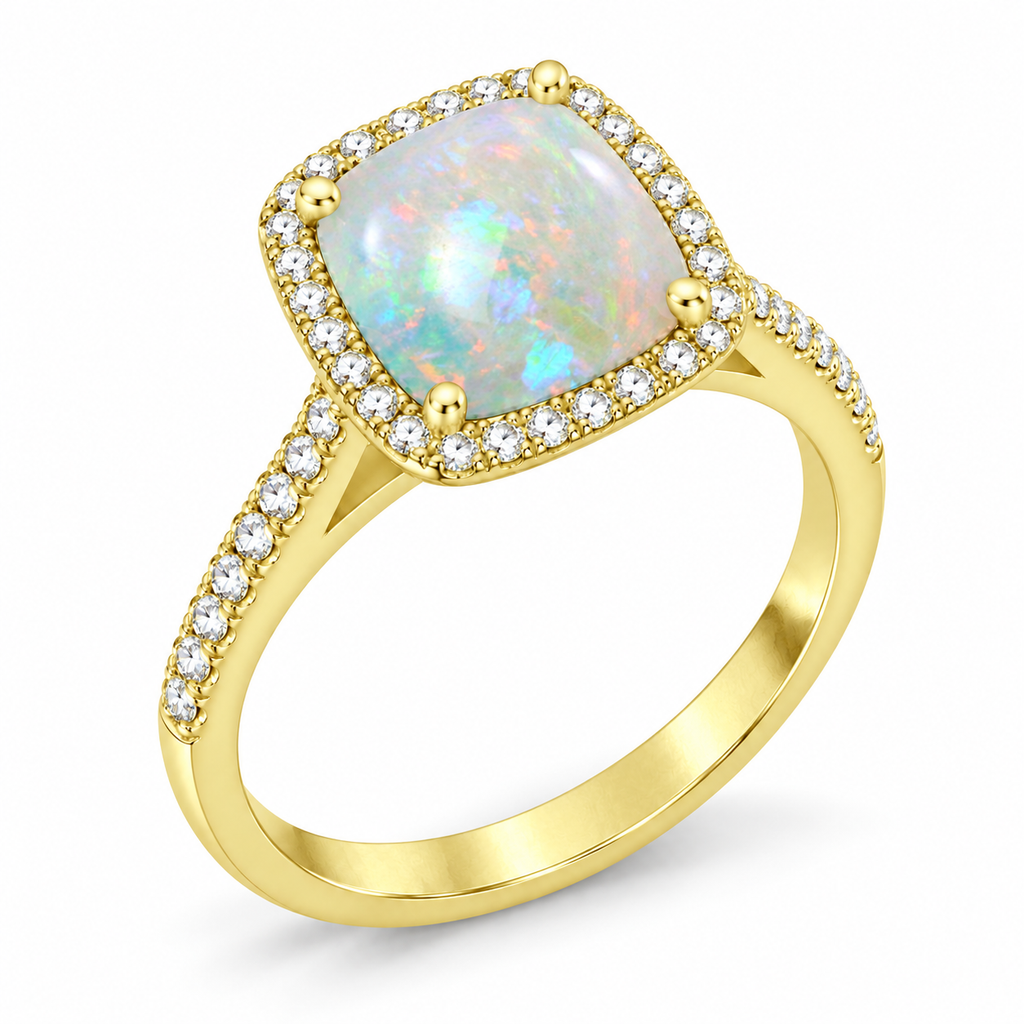 Cushion-Cut Opal & Diamond Cocktail Ring 14k Yellow Gold (3.70ctw) — three-quarter side angle