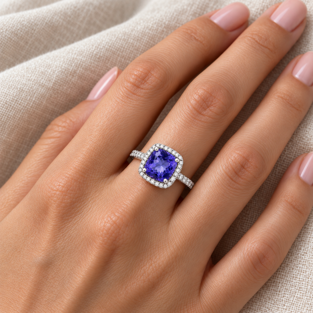 Cushion-Cut Tanzanite & Diamond Cocktail Ring 14k White Gold (3.70ctw) — close-up on ivory linen
