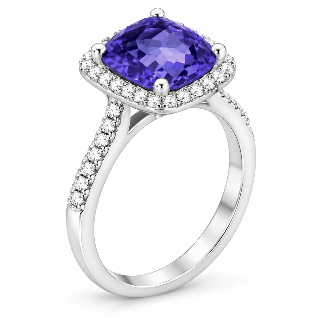 Cushion-Cut Tanzanite & Diamond Cocktail Ring 14k White Gold (3.70ctw) — three-quarter side angle