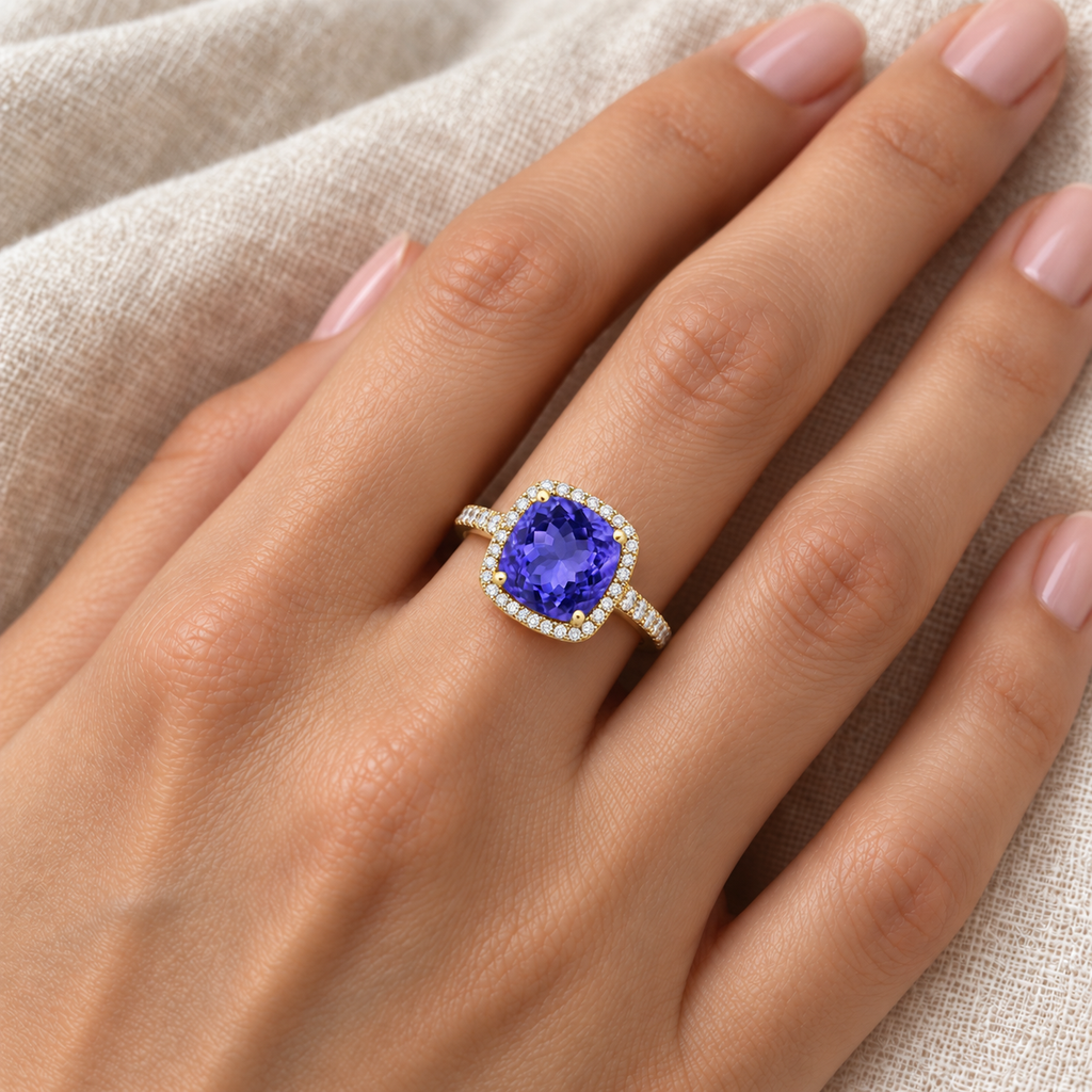 Cushion-Cut Tanzanite & Diamond Cocktail Ring 14k Yellow Gold (3.70ctw) — close-up on ivory linen