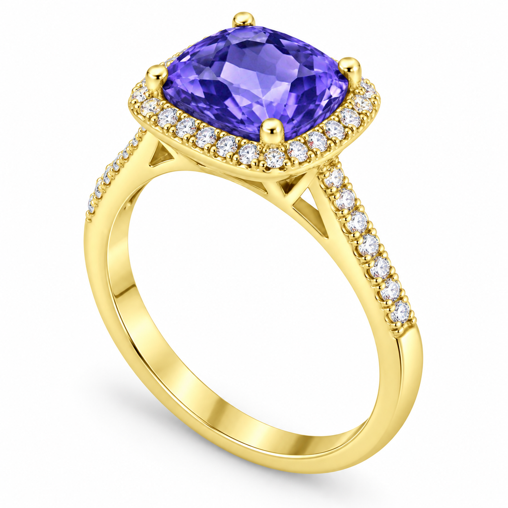 Cushion-Cut Tanzanite & Diamond Cocktail Ring 14k Yellow Gold (3.70ctw) — three-quarter side angle
