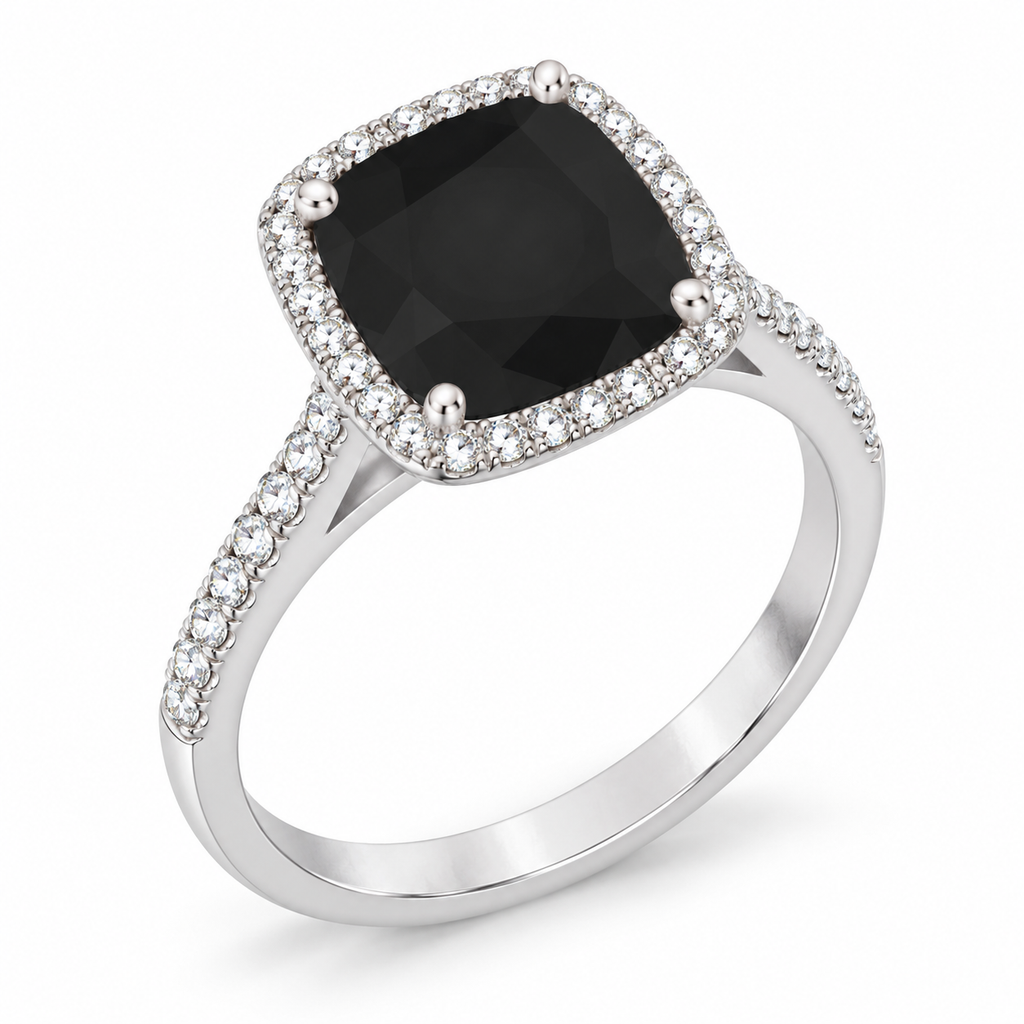 Cushion-Cut Black & White Diamond Cocktail Ring 14k White Gold (3.70ctw) — three-quarter side angle