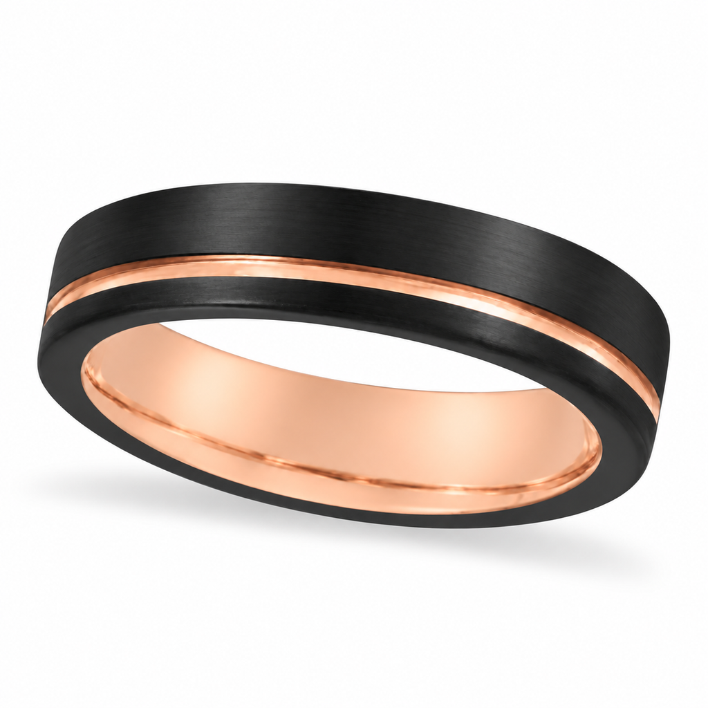 Men's Black & 18K Rose Gold PVD Tungsten Band (6mm) — Angled product view on white