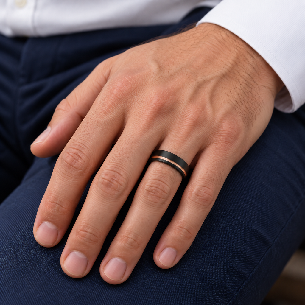 Men's Black & 18K Rose Gold PVD Tungsten Band (6mm) — male hand wearing wedding band