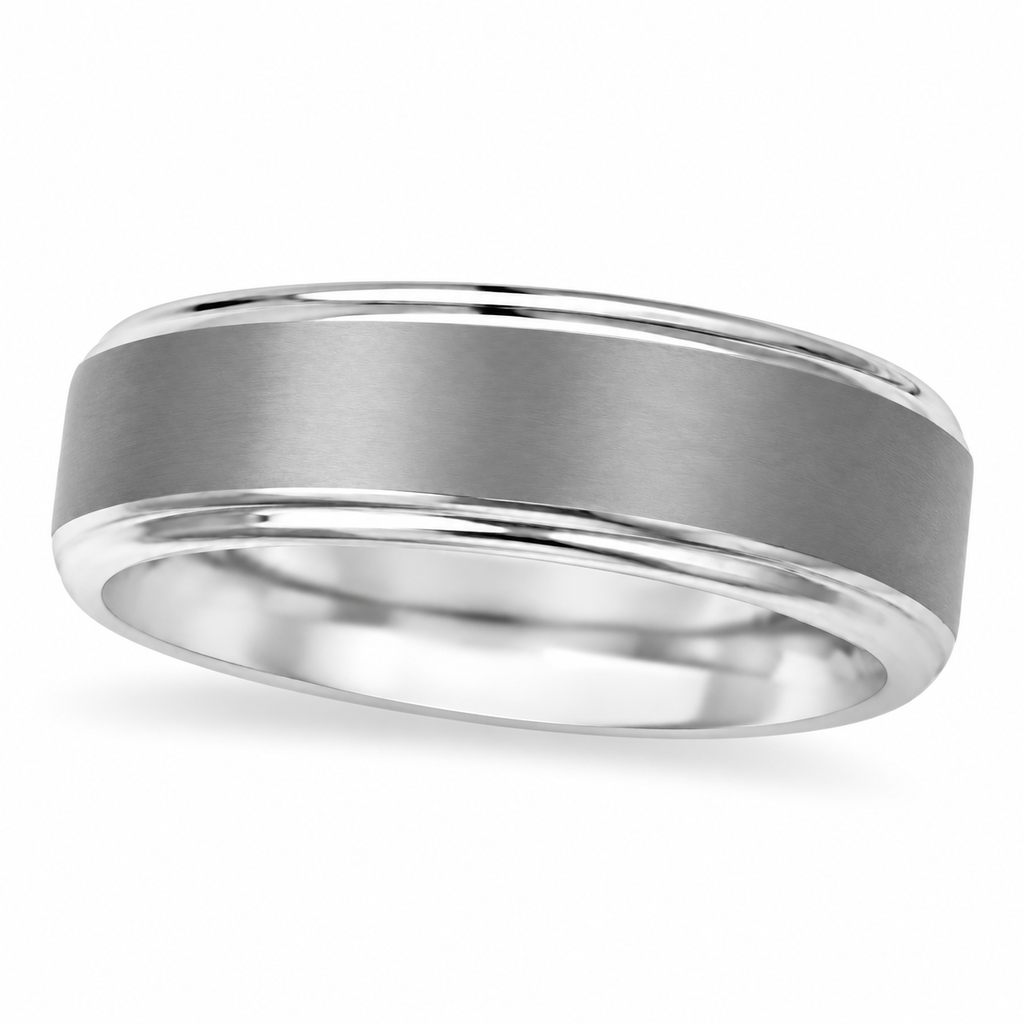 Men's Ridged Edged Satin Tungsten Band (8mm) — Angled product view on white