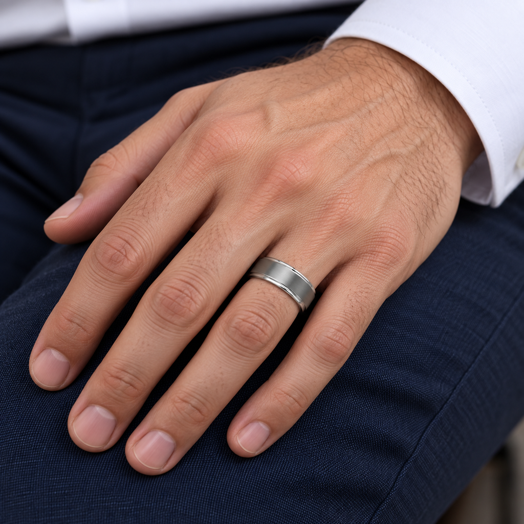 Men's Ridged Edged Satin Tungsten Band (8mm) — male hand wearing wedding band