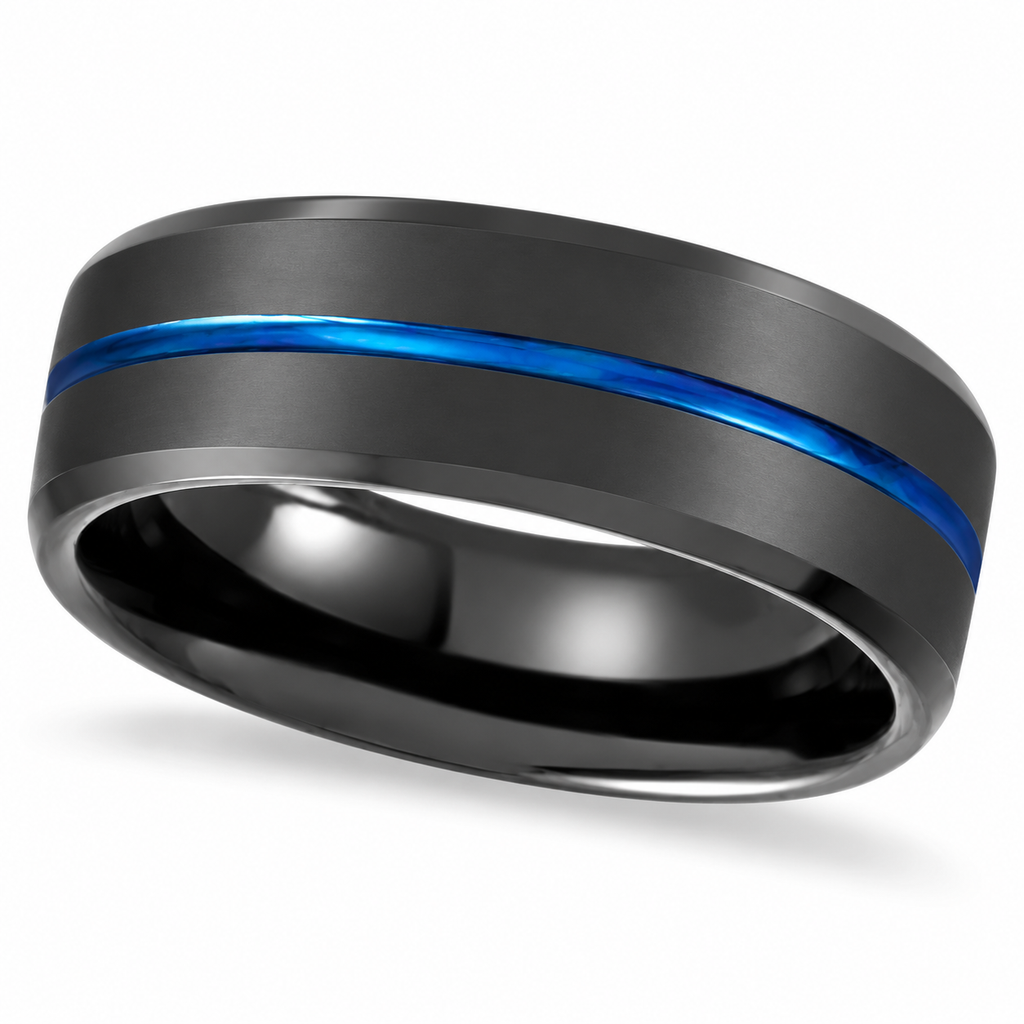 Men's Grooved Black & Blue PVD Tungsten Band (8mm) — Angled product view on white