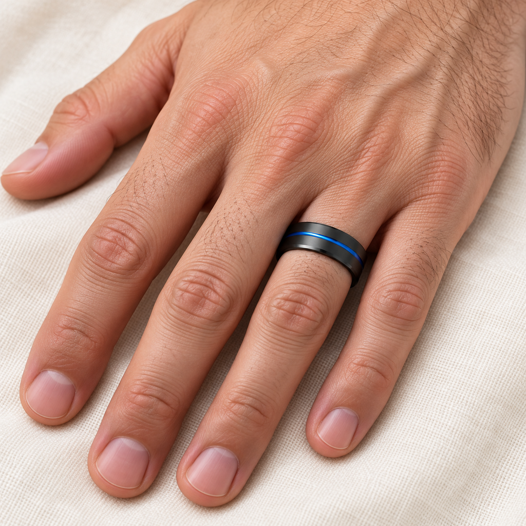 Men's Grooved Black & Blue PVD Tungsten Band (8mm) — male hand wearing wedding band