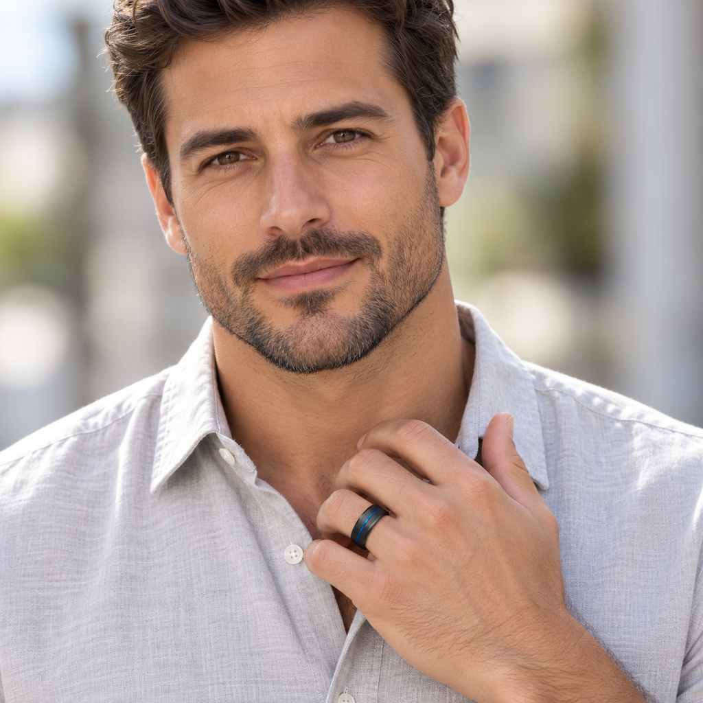 Men's Grooved Black & Blue PVD Tungsten Band (8mm) — male portrait wearing wedding band
