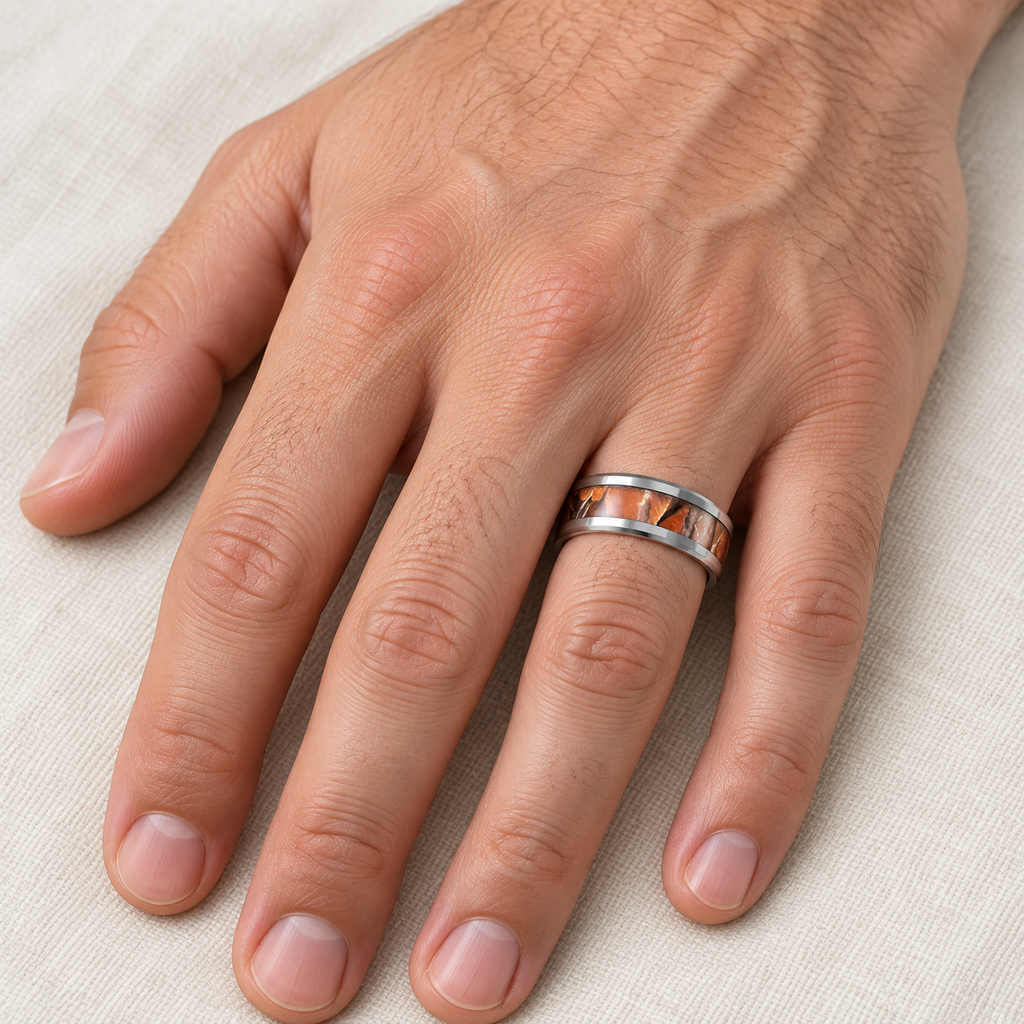 Men's Beveled-Edge with Acacia Wood Tungsten Band (8mm) — male hand wearing wedding band