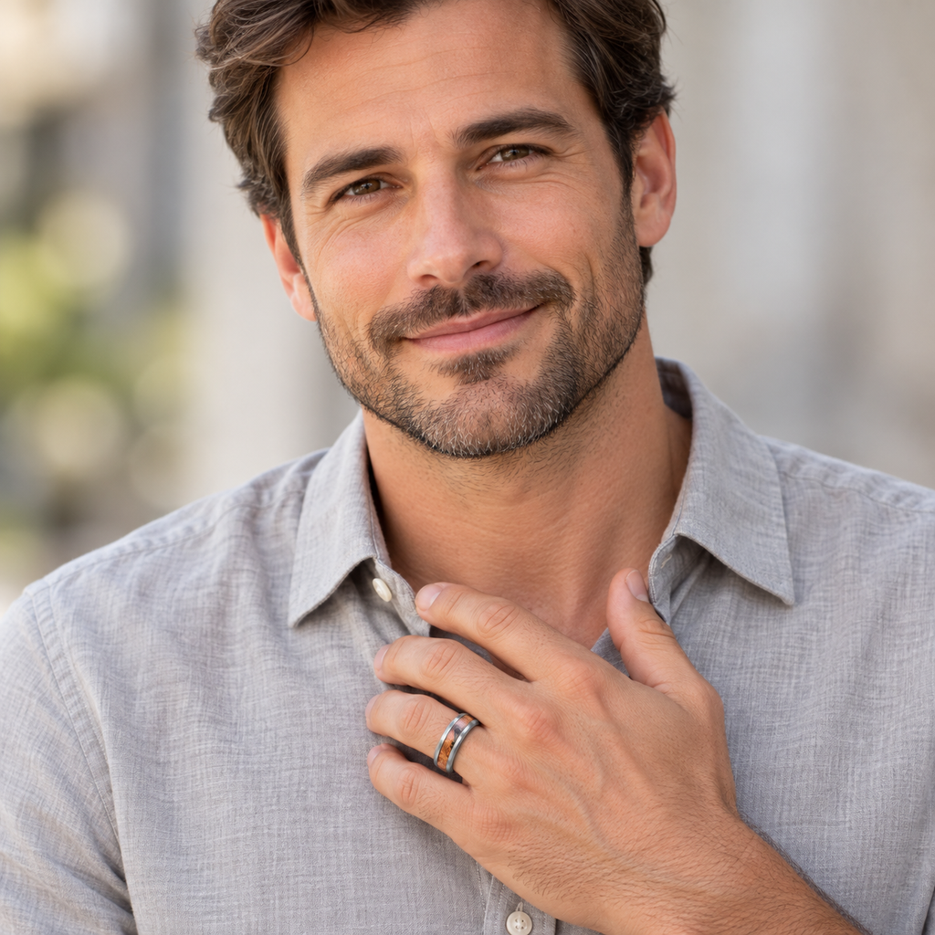 Men's Beveled-Edge with Acacia Wood Tungsten Band (8mm) — male portrait wearing wedding band
