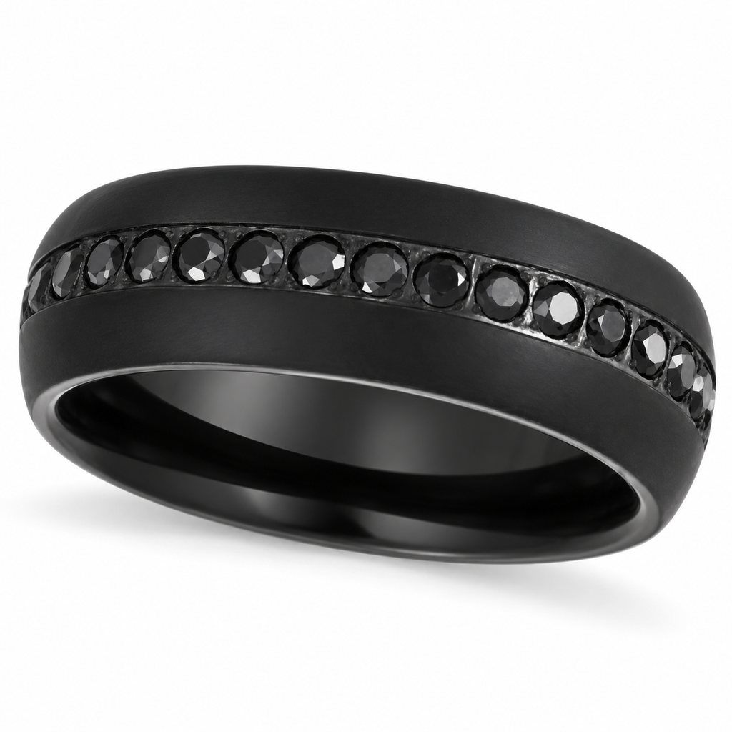 Men's Zircon Dome Black PVD Tungsten Band (8mm) — Angled product view on white