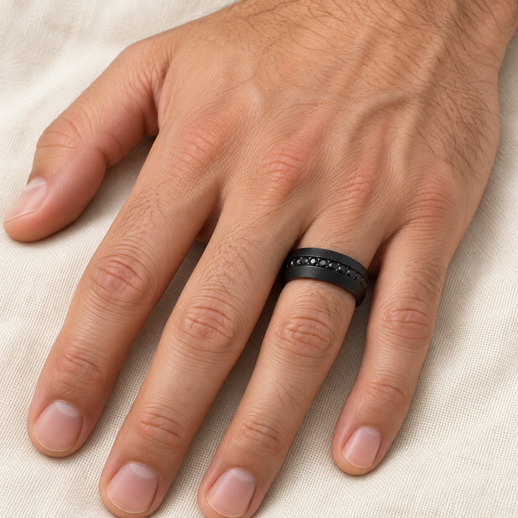 Men's Zircon Dome Black PVD Tungsten Band (8mm) — male hand wearing wedding band