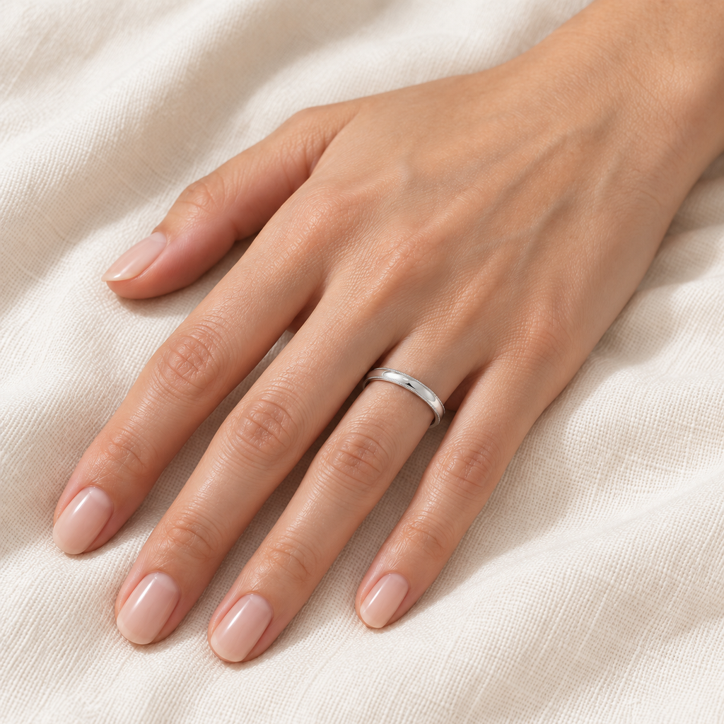 Milgrain Dome Comfort-Fit Thin Wedding Ring Band 14k White Gold (2mm) - Female hand wearing wedding band
