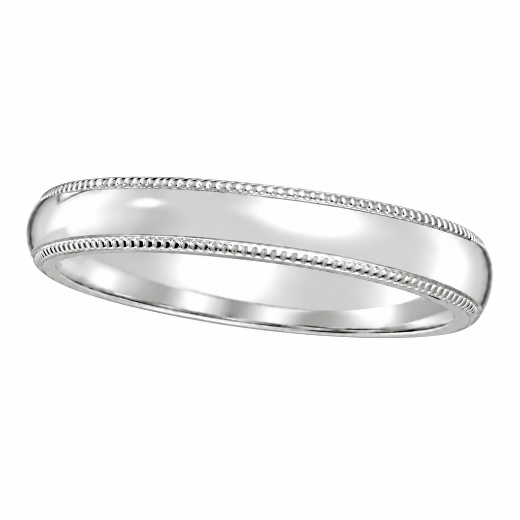 Milgrain Dome Comfort-Fit Thin Wedding Ring Band 14k White Gold (2mm) - Angled product view on white