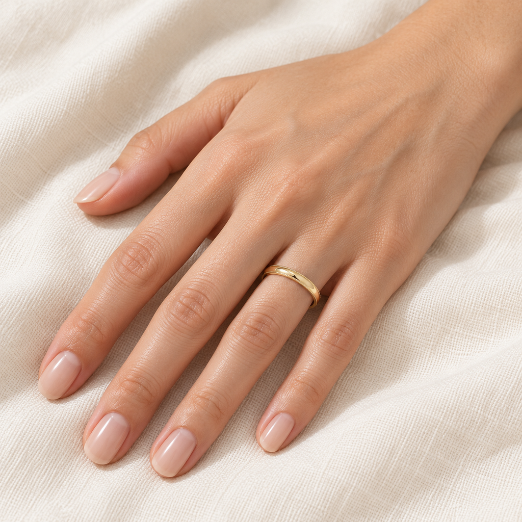 Milgrain Dome Comfort-Fit Thin Wedding Ring Band 14k Yellow Gold (2mm) - Female hand wearing wedding band