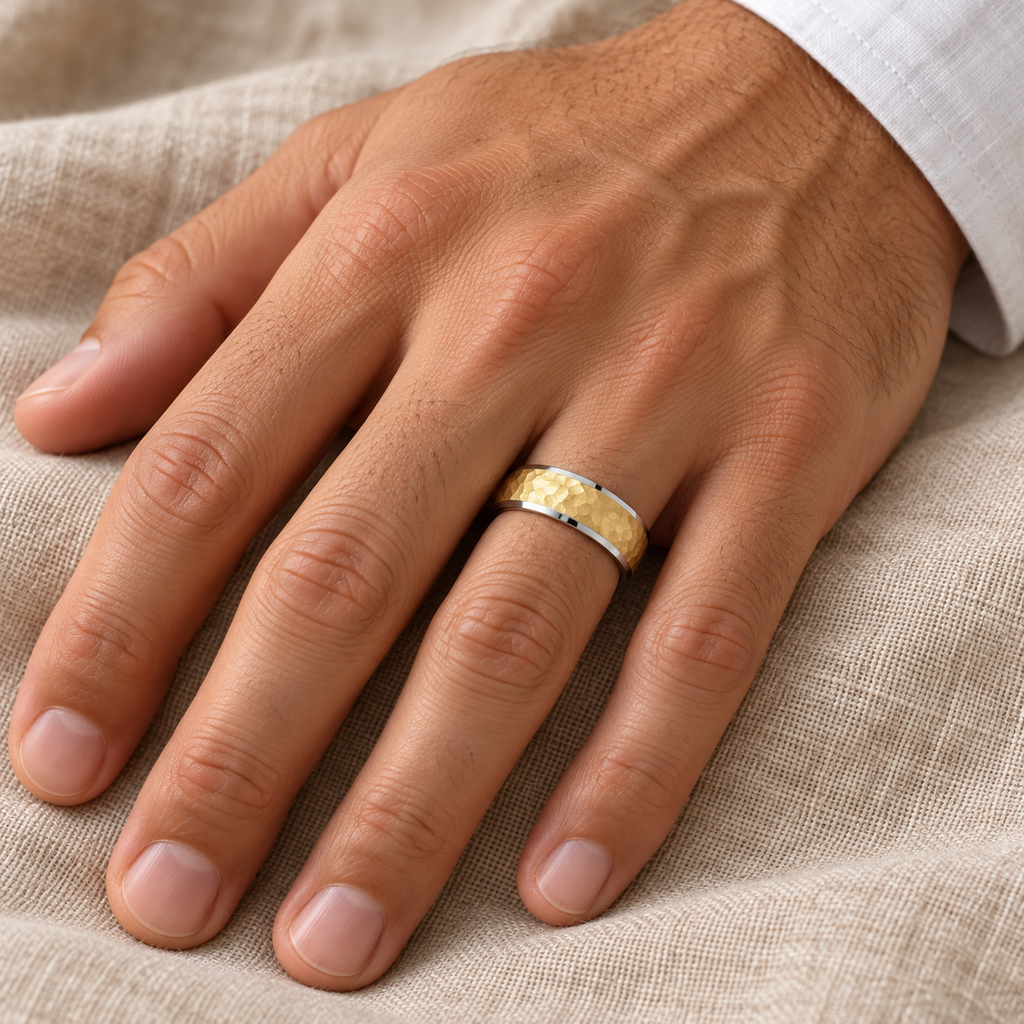 Men's Hammered Finish Wedding Ring Titanium with 18K Yellow Gold Plated (7mm) - Male hand wearing 7mm wedding band