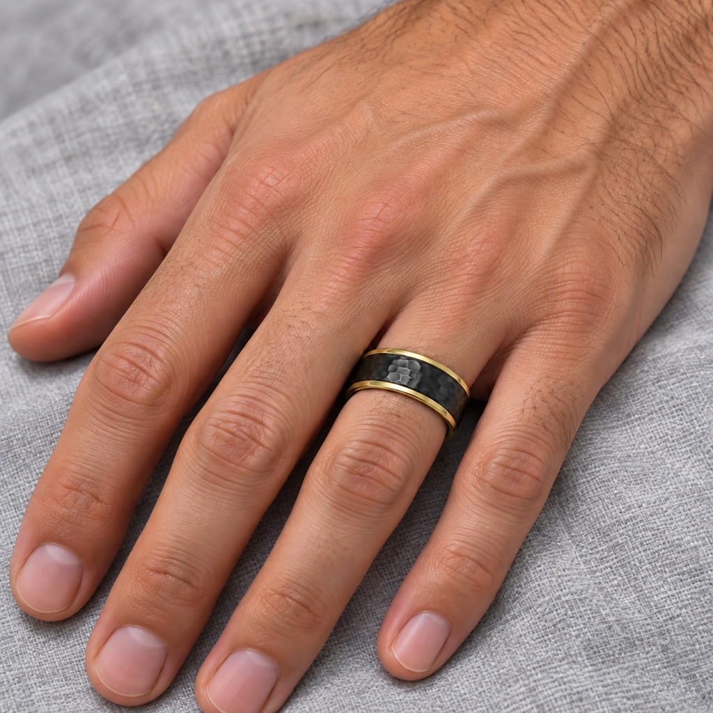 Men's Hammered Wedding Ring Band 18K Yellow Gold PVD Black Titanium (8mm) - Male hand wearing wedding band