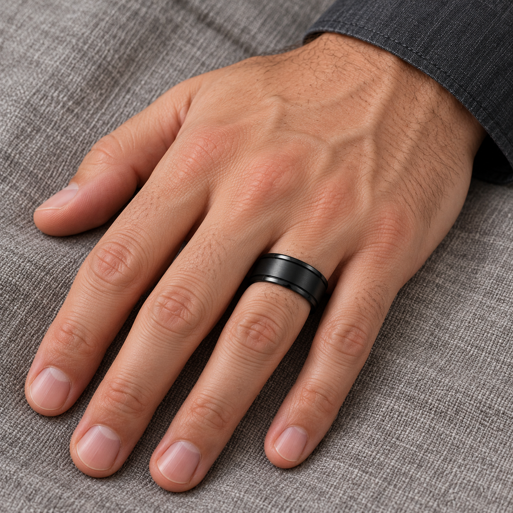 Men's Ridged Black Titanium Wedding Ring Band Satin Finish (9mm) - Male hand wearing wedding band