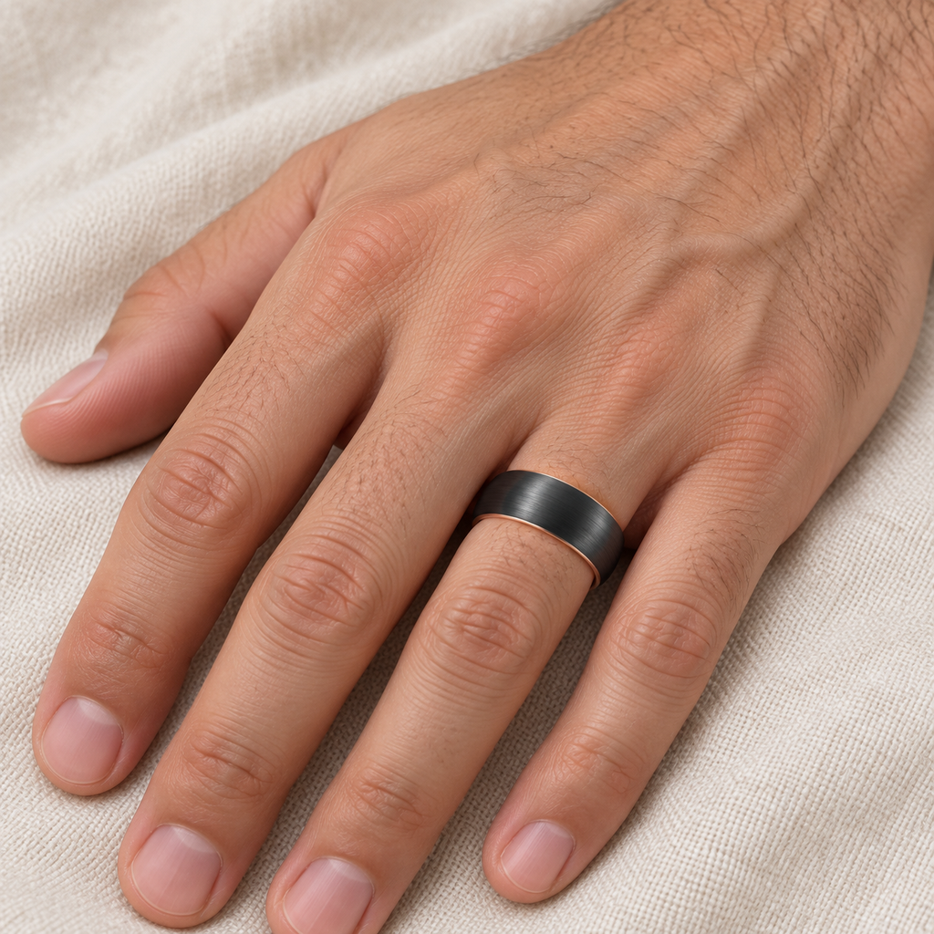 Men's Dome Satin Black Tungsten & 18K Rose Gold PVD Wedding Band (8mm) — male hand wearing wedding band