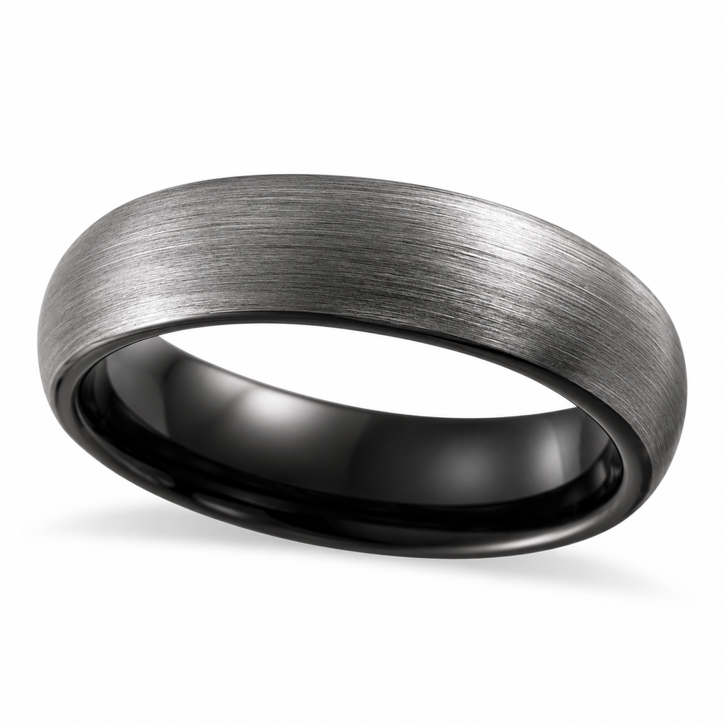 Men's Black PVD Tungsten Wedding Ring Band Satin Finish (6 mm) — Angled product view on white