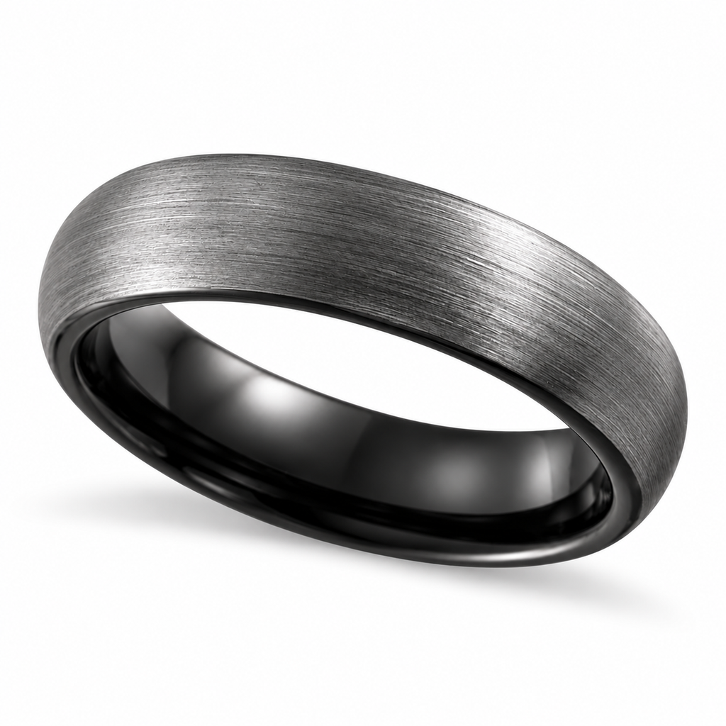 Men's Black PVD Tungsten Wedding Ring Band Satin Finish (6 mm) — left-high product view with natural shadow