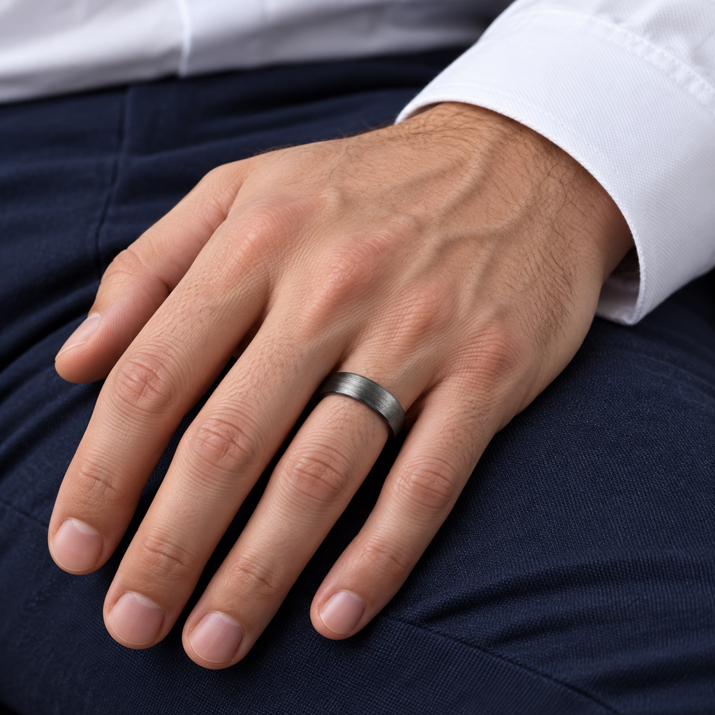 Men's Black PVD Tungsten Wedding Ring Band Satin Finish (6 mm) — male hand wearing wedding band