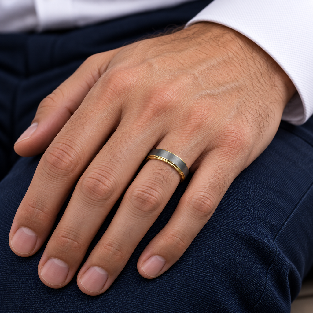 Two Tone Wedding Ring Band 18K Yellow Gold PVD Tungsten (5mm) — male hand wearing wedding band