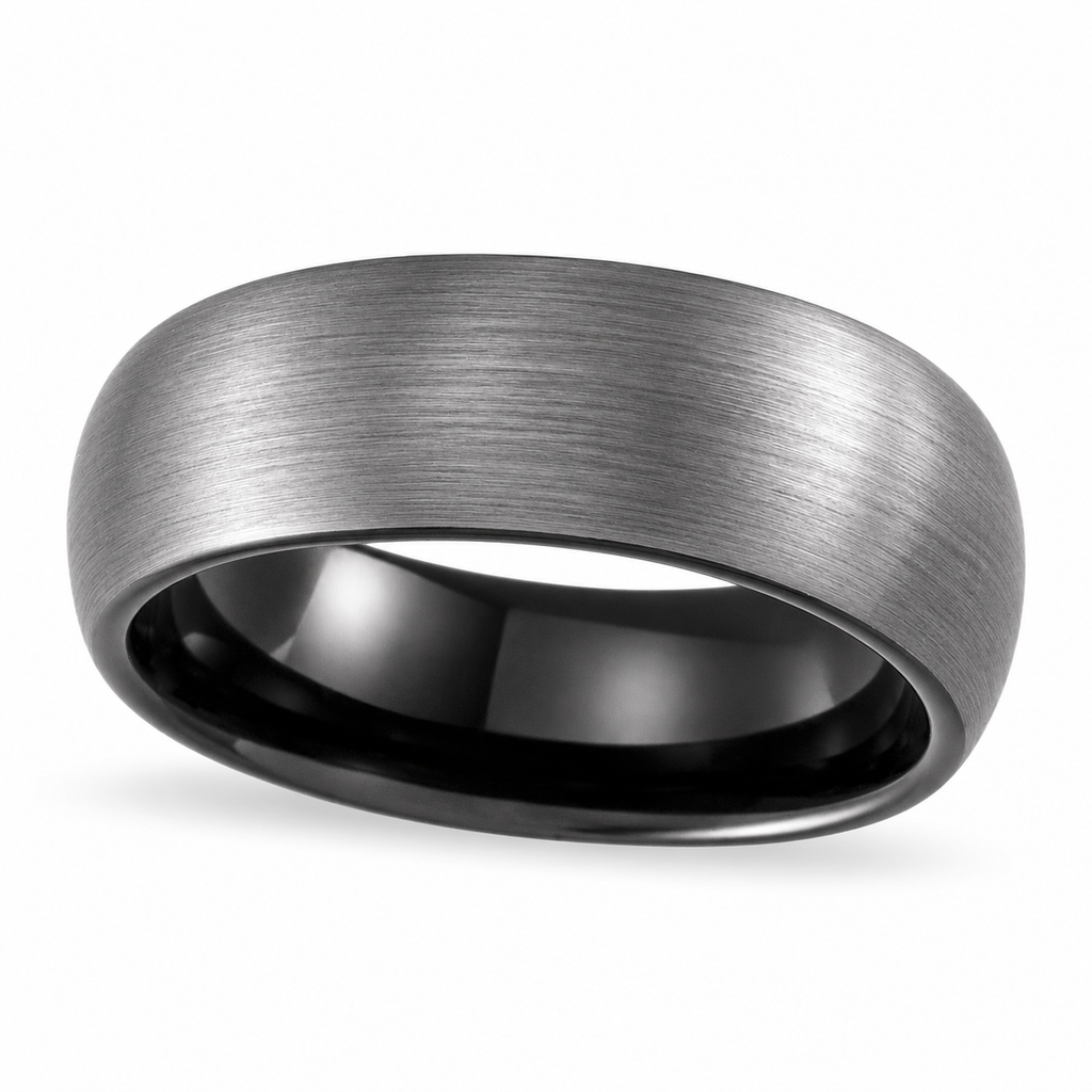 Men's Satin Finish Dome Wedding Ring Band Black PVD Tungsten (8mm) — Angled product view on white