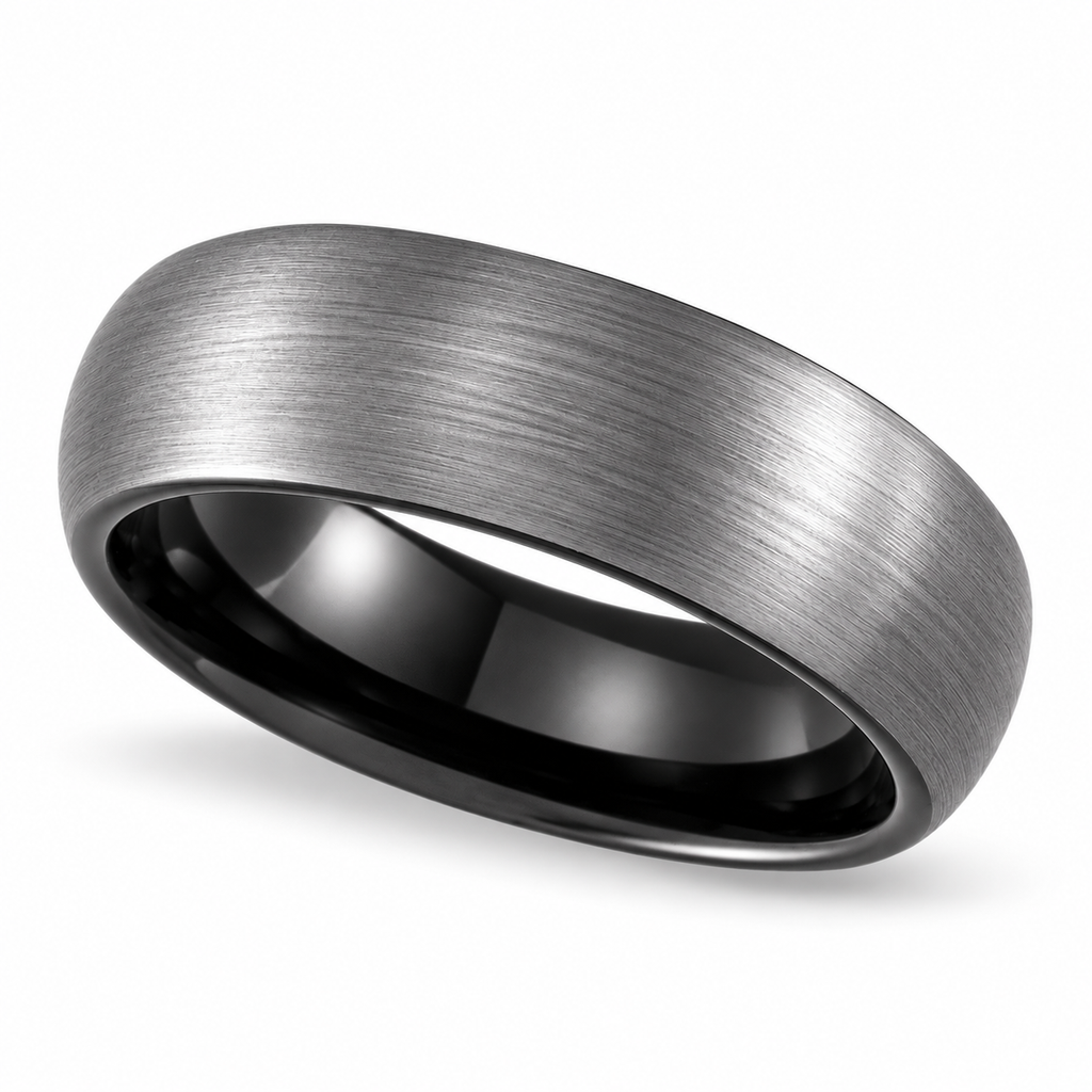 Men's Satin Finish Dome Wedding Ring Band Black PVD Tungsten (8mm) — left-high product view with natural shadow
