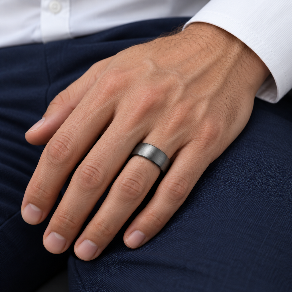 Men's Satin Finish Dome Wedding Ring Band Black PVD Tungsten (8mm) — male hand wearing wedding band