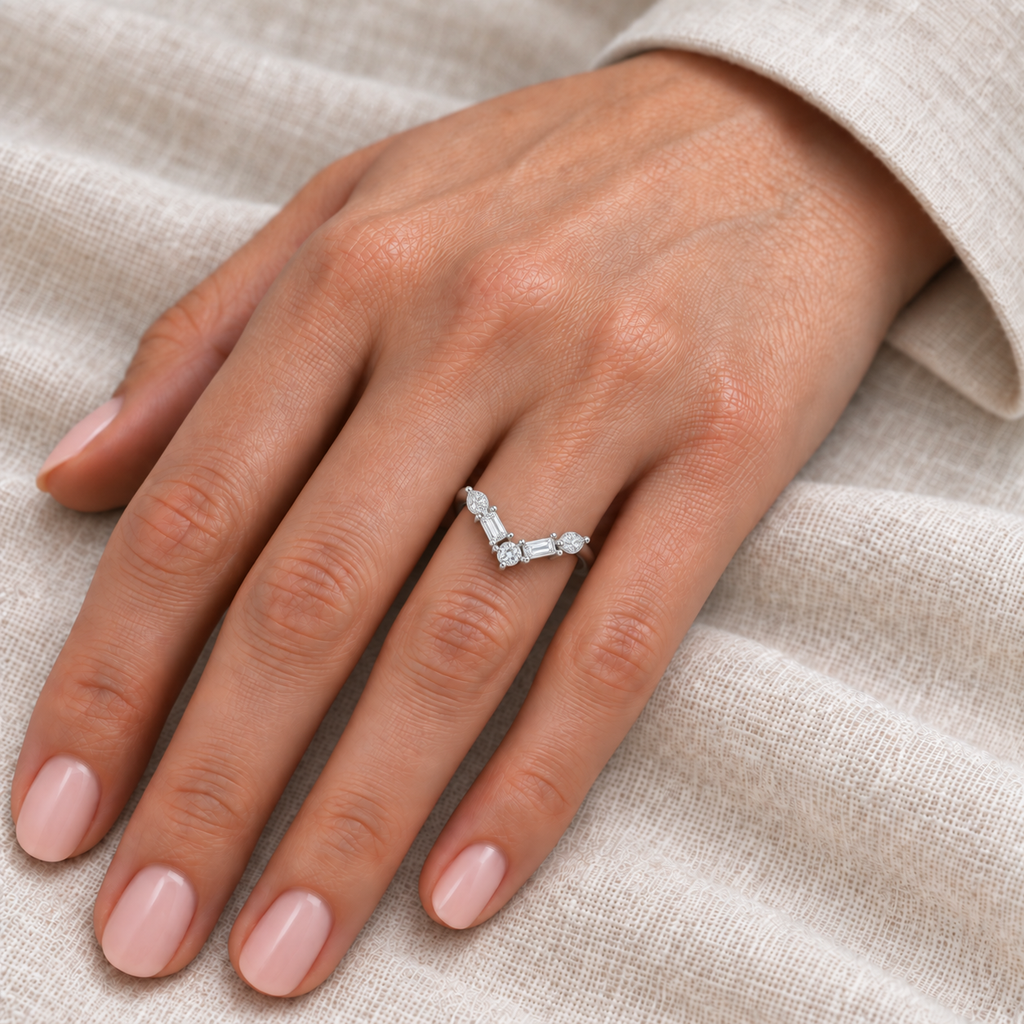 Natural Diamond V Bar Multi-Stone Ring 14K White Gold (0.25ct) — hand view